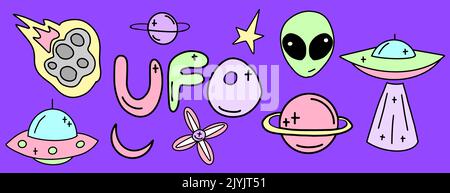 Vector Sammlung von ufo, Aliens und Weltraum-Objekte in flachem Stil gezeichnet. Stock Vektor