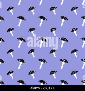 Nahtloses Muster mit schwarzen Fliege-Agaric-Pilzen mit weißen Punkten auf violettem Hintergrund. Leuchtendes, modisches Agaric-Muster. Vektorgrafik flach Stock Vektor
