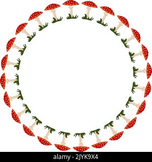 Runder Rahmen mit rotem Fliegenpilz mit weißen Punkten. Heller Herbstkranz mit Geschenken der Natur und leerem Raum für Text. Dekoration für halloween und Urlaub. Vektorgrafik flach Stock Vektor