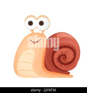 Schnecke lustig fröhlich und lächelnd Charakter mit Schale in Cartoon-Stil isoliert auf weißem Hintergrund. Niedlicher Charakter, positive Emotionen. Charakterzug. Vektorgrafik Stock Vektor
