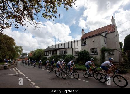 Cropwell Butler, Nottinghamshire, Großbritannien. 8.. September 2022. Das Hauptfeld passiert Cropwell Butler, Nottinghamshire, auf der fünften Etappe der AJ Bell Tour of Britain. Neil Squires/Alamy Live News Stockfoto