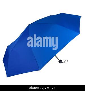 Seitenansicht des geöffneten blauen tragbaren Regenschirms isoliert auf weißem Hintergrund mit Beschneidungspfad Stockfoto