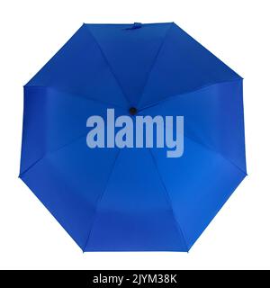 Draufsicht des geöffneten blauen tragbaren Regenschirms isoliert auf weißem Hintergrund mit Beschneidungspfad Stockfoto