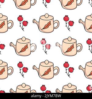 Niedliche Teekannen und Beeren nahtloses Muster. Tea Party Cosy Print für Verpackung, Textil, Papier, Hintergrund und Design-Vektor-Illustration. Von Hand gezeichnet Stock Vektor