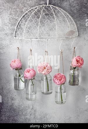 Originelle, saisonale, romantische Blumendekoration in Form von Minivasen und Blumensträußen aus rosa-englischen Rosenblüten, die an der Vintage-Wand hängen. Stockfoto