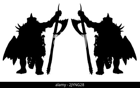 Fantasy Kreatur - orc. Fantasy Monster Silhouette Illustration. Goblin mit Axt Zeichnung. Stockfoto