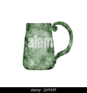 Handgezeichneter Becher mit Wasserfarbe grün isoliert auf Weiß Stockfoto