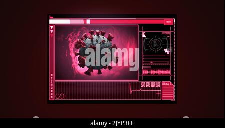 Bild der covid 19 Zelle und der medizinischen Datenverarbeitung auf Bildschirmen Stockfoto