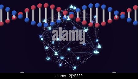 Abbildung eines rotierenden 3D dna-Strähnens mit einem Globennetzwerk verbundener Symbole auf Schwarz Stockfoto