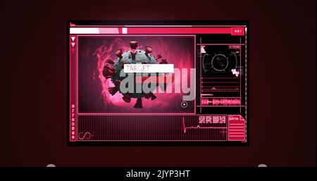 Bild der covid 19 Zelle und der medizinischen Datenverarbeitung auf Bildschirmen Stockfoto