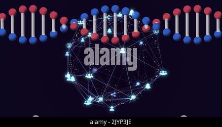 Abbildung eines rotierenden 3D dna-Strähnens mit einem Globennetzwerk verbundener Symbole auf Schwarz Stockfoto