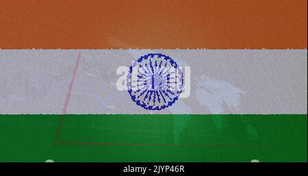 Zusammensetzung von covid 19 Zellen und Statistiken über indische Flagge Stockfoto