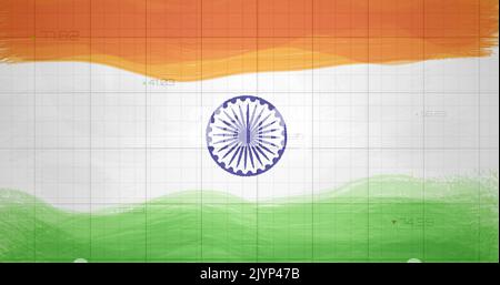 Zusammensetzung von covid 19 Zellen und Statistiken mit roten Linien über der indischen Flagge Stockfoto