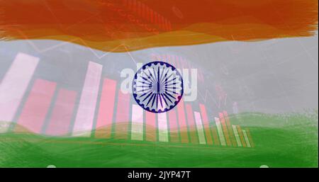 Zusammensetzung von covid 19 Zellen und Statistiken über indische Flagge Stockfoto