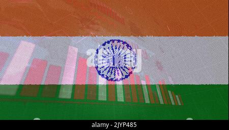 Zusammensetzung von covid 19 Zellen und Statistiken über indische Flagge Stockfoto