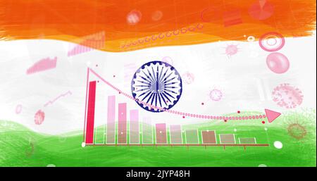 Zusammensetzung von covid 19 Zellen und Statistiken über indische Flagge Stockfoto