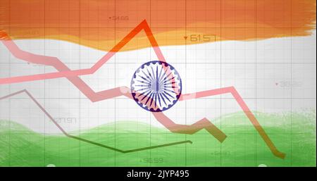 Zusammensetzung von covid 19 Zellen und Statistiken mit roten Linien über der indischen Flagge Stockfoto
