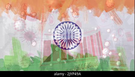 Zusammensetzung von covid 19 Zellen und Statistiken über indische Flagge Stockfoto