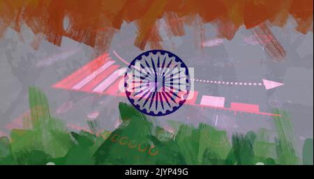 Zusammensetzung von covid 19 Zellen und Statistiken über indische Flagge Stockfoto