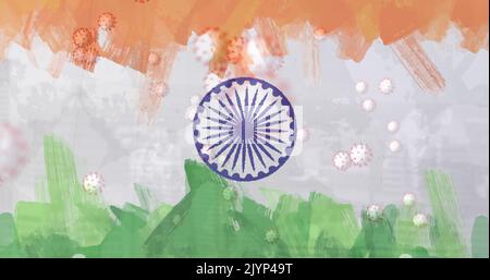 Zusammensetzung von covid 19 Zellen und Statistiken über indische Flagge Stockfoto