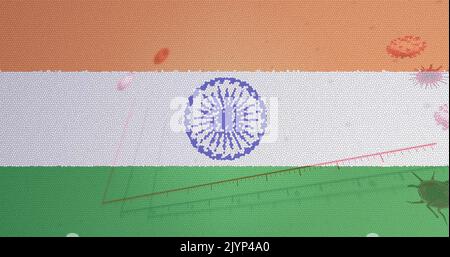 Zusammensetzung von covid 19 Zellen und Statistiken über indische Flagge Stockfoto