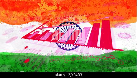 Zusammensetzung von covid 19 Zellen und Statistiken über indische Flagge Stockfoto