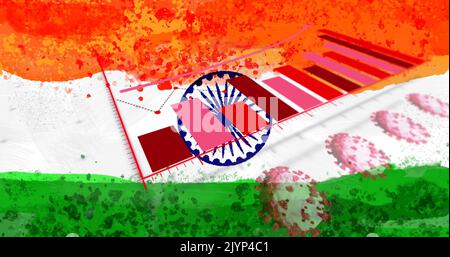 Zusammensetzung von covid 19 Zellen und Statistiken über indische Flagge Stockfoto