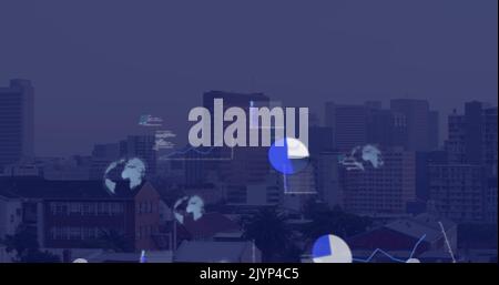 Bild der digitalen Datenverarbeitung über dem Stadtbild Stockfoto