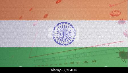 Zusammensetzung von covid 19 Zellen und Statistiken über indische Flagge Stockfoto