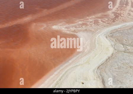 Roséfarbene Salzlagunen in der Nähe von Aigues Mortes in der Camargue im Südwesten Frankreichs Stockfoto