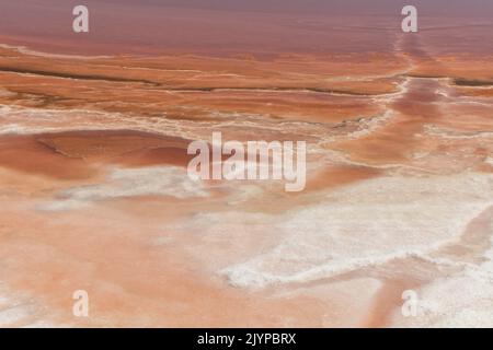 Roséfarbene Salzlagunen in der Nähe von Aigues Mortes in der Camargue im Südwesten Frankreichs Stockfoto