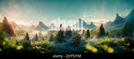 Magischer Wald mit dichter Vegetation, grünen Bäumen und hellen Blumen im Morgennebel Stockfoto