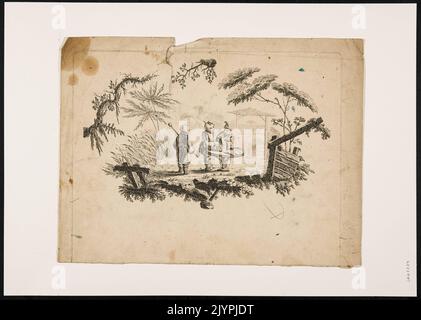 Eine ornamentale Komposition im Chinoiserie-Stil zeigt drei Jungen, die ein Kartenhaus bauen. Chinoiserie ist ein künstlerischer Stil, der von der chinesischen Ästhetik beeinflusst wurde und in der europäischen Kunst im 17. Und 18. Jahrhundert beliebt war. Dieses Modell spiegelt das verspielte und komplizierte Design wider, das für diesen Stil typisch ist. Stockfoto