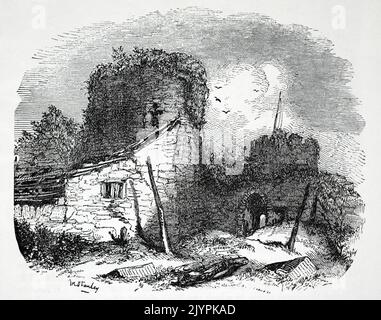 Eine historische Ansicht der zerstörten Türme von Conwy Castle, Clwyd, Wales, Großbritannien. Entnommen aus einem Druck c. 1850 von Stanley. Stockfoto