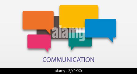 Illustration des Kommunikationskonzepts. Wortkommunikation mit bunten Dialog-Sprechblasen. Papierschnitt auf weißem, isoliertem Hintergrund. Community Stockfoto