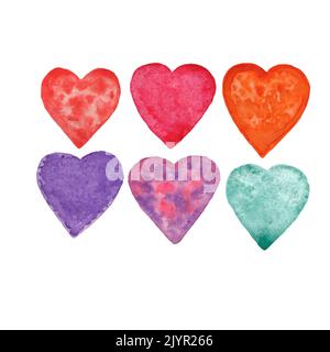 Aquarell handgezeichnete bunte Herzen auf weißem Hintergrund, Liebe Herzen gesetzt für Valentinstag, Hochzeit, Stockfoto