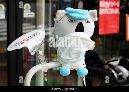 TOKIO, JAPAN - 12. August 2022: Koala-Bär mit weichem Spielzeug trägt eine Gesichtsmarke vor dem Golfladen. Sign fordert Kunden auf, Gesichtsmasken aufgrund von Coronaviren zu tragen Stockfoto
