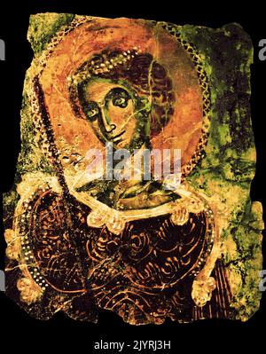 Fragment einer Wandmalerei, die einen Heiligen westlichen Einflüssen, byzantinischen und christlichen Museum in Athen, (Pyrgos, Euboea, Kirche des Heiligen Nikolaus 13. Jahrhundert.) Stockfoto