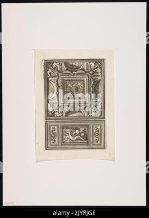 Dieses Deckendesign verfügt über quadratische und rechteckige Paneele, die die mythologische Szene von Jupiter und Antiope darstellen. Das Kunstwerk veranschaulicht die Geschichte von Jupiters Verfolgung von Antiope und zeigt sowohl klassische Mythologie als auch dekoratives architektonisches Design. Stockfoto