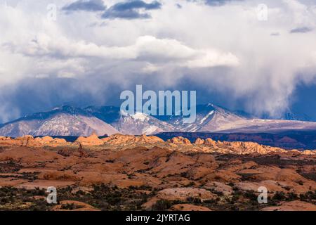 Die versteinerten Dünen im Arches National Park mit einem Schneesturm auf den La Sal Bergen dahinter. Moab, Utah. Stockfoto