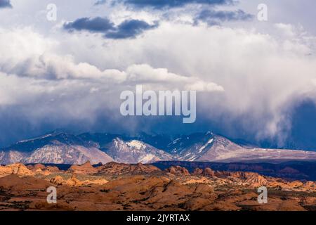 Die versteinerten Dünen im Arches National Park mit einem Schneesturm auf den La Sal Bergen dahinter. Moab, Utah. Stockfoto