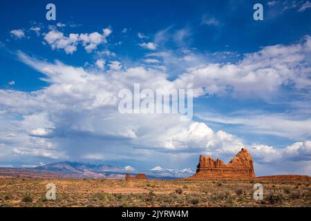 Cumulus Gewitterwolken entwickeln sich über den La Sal Mountains und dem Arches National Park, Moab, Utah. Stockfoto