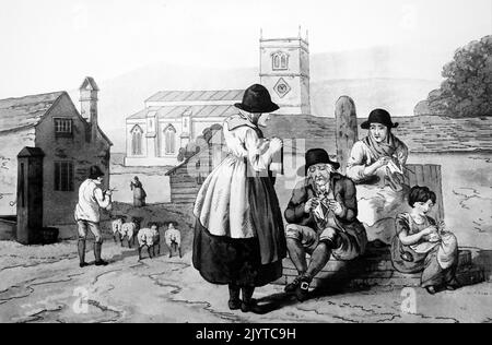 Abbildung der Wensleydale Stricker in Hawes, Yorkshire. Jeder kann beim Stricken gesehen werden, sogar beim Gehen auf den Markt. Datiert aus dem 19.. Jahrhundert Stockfoto