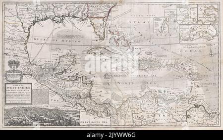 Eine Karte der Westindischen Inseln oder der Inseln Amerikas in der Nordsee; mit ihr angrenzenden Ländern; erklärt, was zu Spanien, England, Frankreich, Holland u. c. gehört; auch ihr Passatwinde und ihr mehrere von Ye Galeons und Fota von Ort zu Ort gemachte Trakte. Nach Ye neuesten und genauesten Beobachtungen, von Herman Moll, Geograph. Beschreibung eine der bemerkenswertesten und faszinierendsten Karten Westindien, die im 18.. Jahrhundert erscheinen. Dies ist Herman Molls großartige Kartierung von Westindien, der Karibik, dem Golf von Mexiko, Mexiko und dem spanischen Main aus dem Jahr 1720. Monumental im Verhältnis, reich i Stockfoto