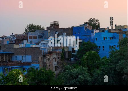 Licht der Dämmerung über Jodhpur Stadt, Rajasthan, Indien. Traditionelles blaues Haus. Historisch gesehen haben Hindu-Brahmanen ihre Häuser blau gestrichen. Stockfoto