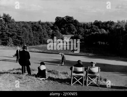 First Day of the Worplesdon Foursomes - das Open Mixed Scratch Foursomes Golfturnier wurde heute in Worplesdon, Surrey, eröffnet. Dieses Bild zeigt eine Gruppe von Zuschauern, die in einem der Grüns vor einem angenehmen Surrey-Hintergrund spielen. 8. November 1954. (Foto von Daily Mail Contract Picture). Stockfoto