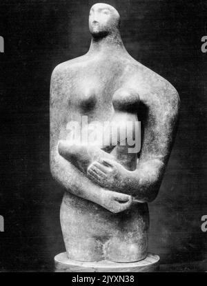 Henry Moore Exhibition, Europe, 1949/50 -- Katalognummer. Titel: Mutter und Kind, 1931. Mittel: Cumberland Alabaster. Größe: 16½ Zoll 46 cm. Hoch. Besitzer: C.S. Kearley, Esq. 9. Oktober 1950. Stockfoto