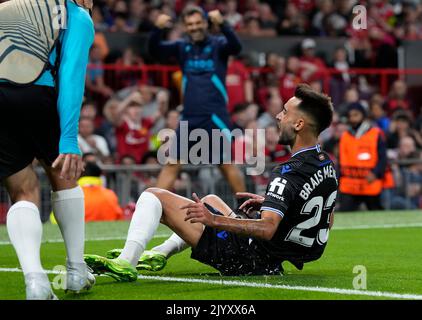 Manchester, England, 8.. September 2022. Brais Méndez von Real Sociedad feiert das erste Tor während des Spiels der UEFA Europa League in Old Trafford, Manchester. Bildnachweis sollte lauten: Andrew Yates / Sportimage Stockfoto