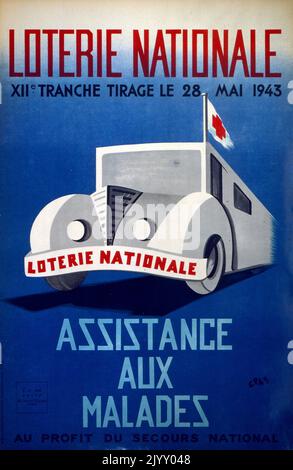 Französisches 'National Lottery' Poster 1945. Hervorhebung einer Kampagne zur Finanzierung von Krankenwagen Stockfoto