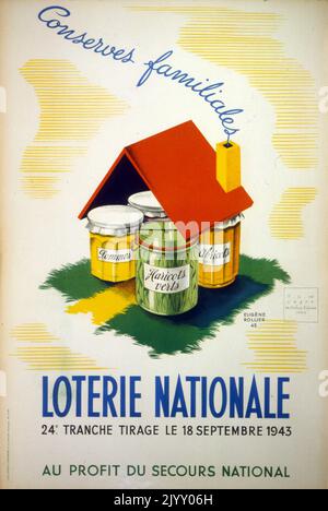 Französisches 'National Lottery'-Poster 1945. Hervorhebung einer Kampagne zur Finanzierung öffentlicher Parks für Kriegswaisen nach der Zerstörung des Zweiten Weltkriegs und der Besetzung Frankreichs. Stockfoto